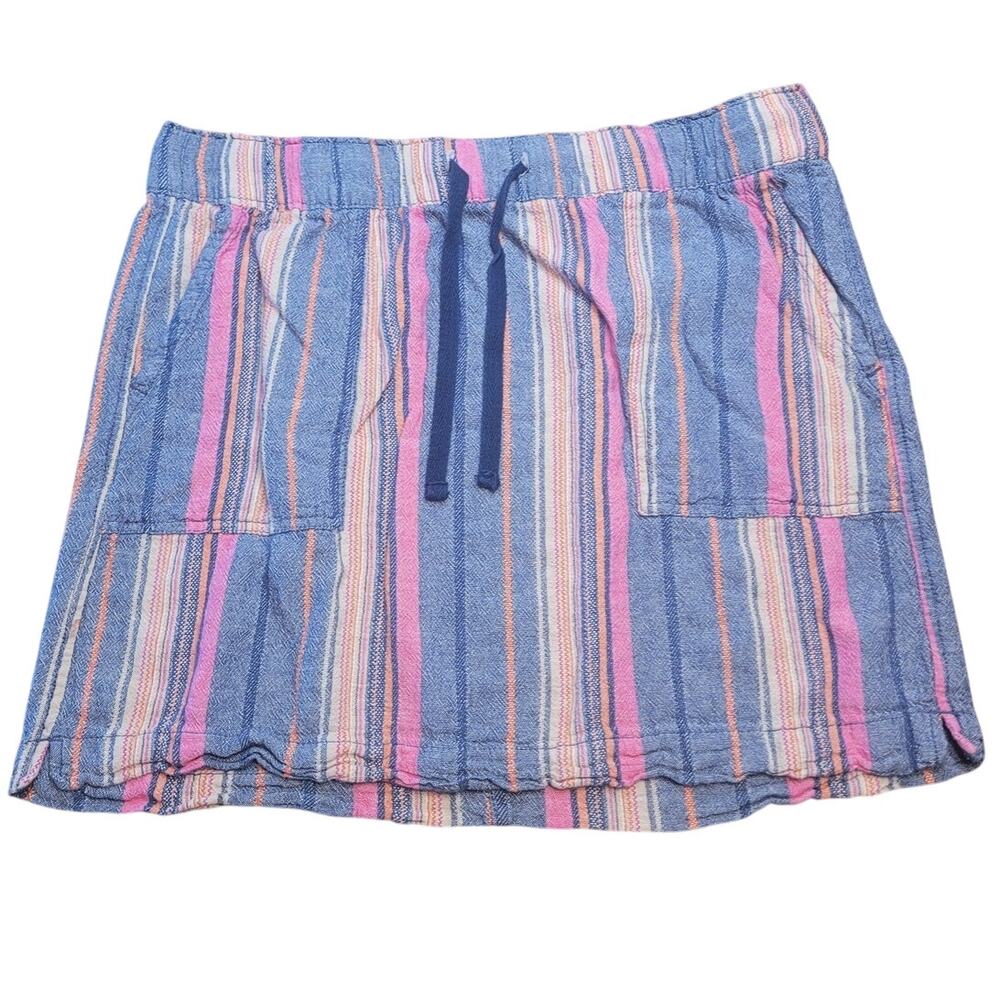 Dash Linen Blend Mini Skirt Women's Large Coral Navy Stripe Drawstring Pockets
